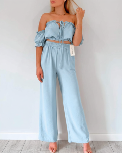 komplet damski na lato: zwiewne spodnie z wysokim stanem i crop top hiszpanka | niebieski set wakacyjny. UNI  XS, S, M, L (1)