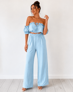 komplet damski na lato: zwiewne spodnie z wysokim stanem i crop top hiszpanka | niebieski set wakacyjny. UNI  XS, S, M
