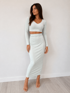 Prążkowany komplet damski: długa spódnica i crop top z długim rękawem | Pastelowy set na wiosnę i jesień.   M, L, XL 